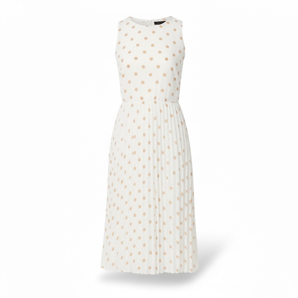 Ann Taylor Spring Ivory with Tan Polka Dot Pleated Fit and Flare Dress - Size 8
